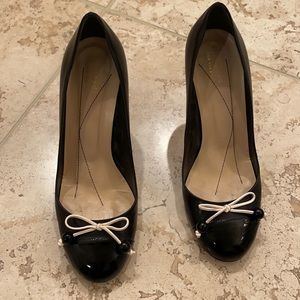 Black and beige striped heels—Kate Spade